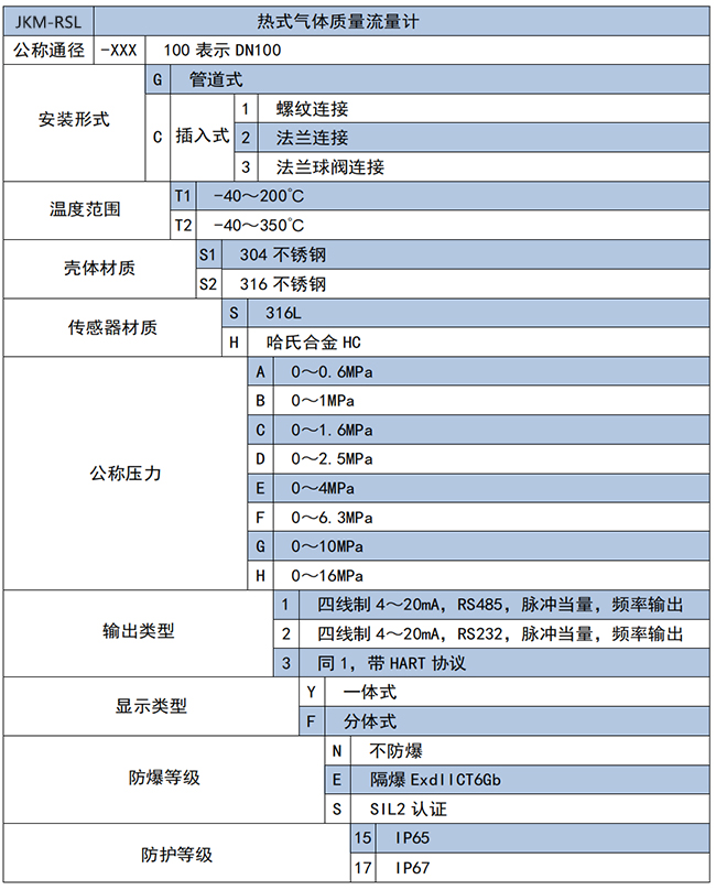 混合氣熱式氣體質(zhì)量流量計選項表